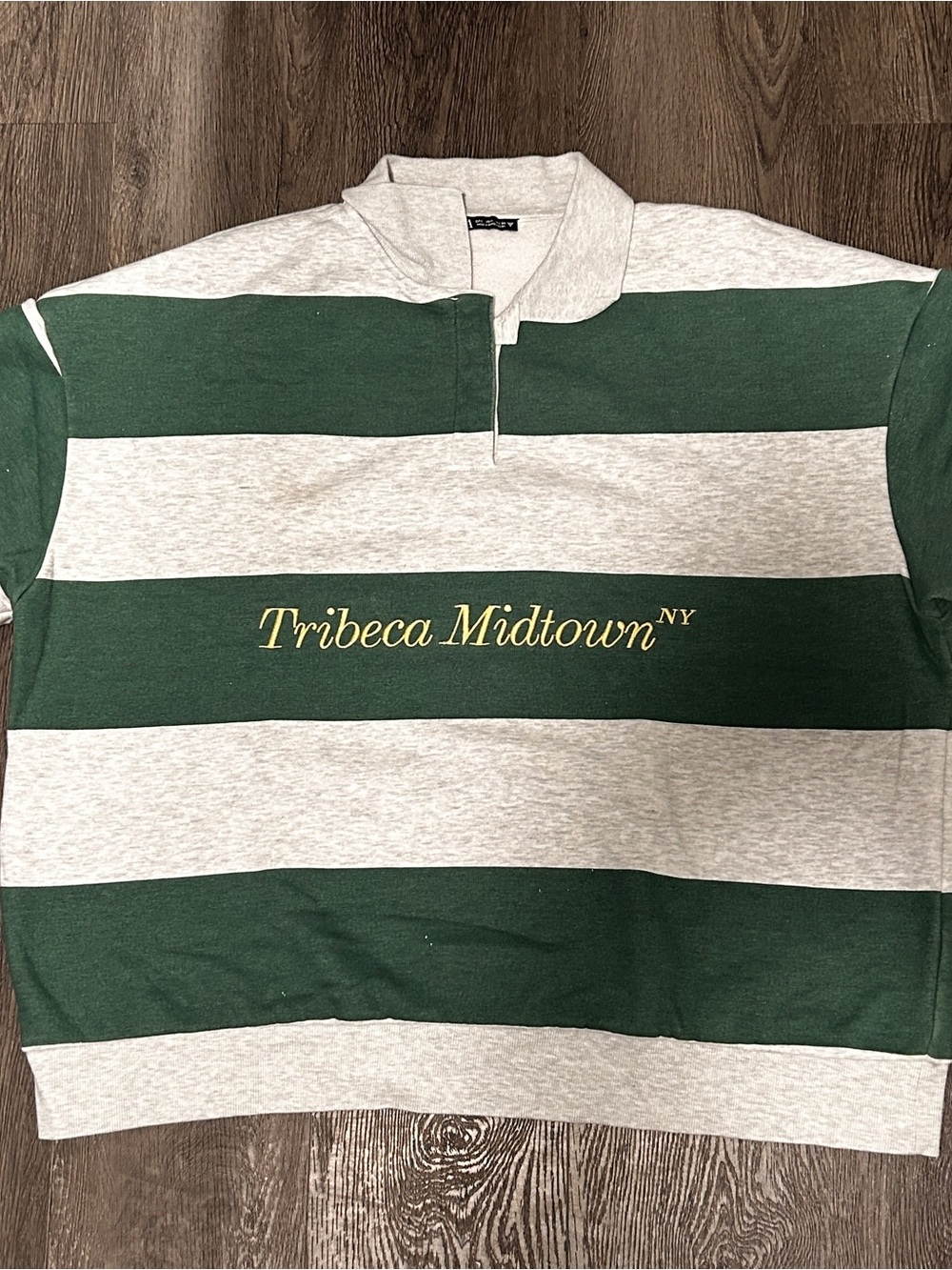 Zara Green and Gray Striped Rugby Polo with Embroidered Script